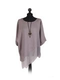 Italian Asymmetric Necklace Embellished Lagenlook Linen Top-Mocha