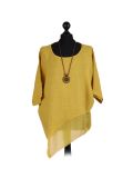Italian Asymmetric Necklace Embellished Lagenlook Linen Top-Mustard