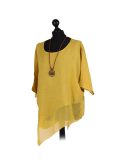 Italian Asymmetric Necklace Embellished Lagenlook Linen Top-Mustard side