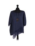 Italian Asymmetric Necklace Embellished Lagenlook Linen Top-Navy