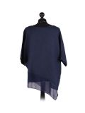 Italian Asymmetric Necklace Embellished Lagenlook Linen Top-Navy back