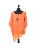 Italian Asymmetric Necklace Embellished Lagenlook Linen Top-Orange