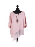 Italian Asymmetric Necklace Embellished Lagenlook Linen Top-Pink