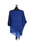 Italian Asymmetric Necklace Embellished Lagenlook Linen Top-Royal blue back