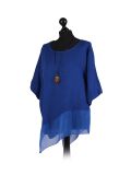 Italian Asymmetric Necklace Embellished Lagenlook Linen Top-Royal blue side