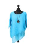 Italian Asymmetric Necklace Embellished Lagenlook Linen Top-turquoise