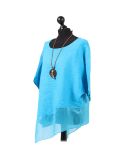 Italian Asymmetric Necklace Embellished Lagenlook Linen Top-turquoise side