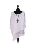 Italian Asymmetric Necklace Embellished Lagenlook Linen Top-White