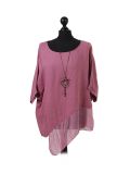 Italian Asymmetric Necklace Embellished Lagenlook Linen Top-Wine