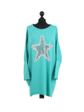 Italian Batwing Sequin Star High Low Cotton Lagenlook Top-Aqua
