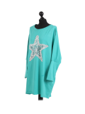 Italian Batwing Sequin Star High Low Cotton Lagenlook Top-Aqua side