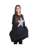 Italian Batwing Sequin Star High Low Cotton Lagenlook Top-Black 1