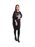 Italian Batwing Sequin Star High Low Cotton Lagenlook Top-Black 2