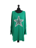 Italian Batwing Sequin Star High Low Cotton Lagenlook Top-Bottle green