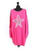 Italian Batwing Sequin Star High Low Cotton Lagenlook Top-Fuchsia