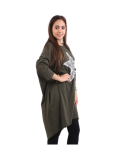 Italian Batwing Sequin Star High Low Cotton Lagenlook Top-Khaki 1