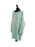 Italian Batwing Sequin Star High Low Cotton Lagenlook Top-Mist green-Mist green side