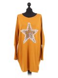 Italian Batwing Sequin Star High Low Cotton Lagenlook Top-Mustard