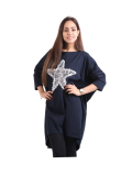 Italian Batwing Sequin Star High Low Cotton Lagenlook Top-Navy 1