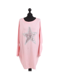 Italian Batwing Sequin Star High Low Cotton Lagenlook Top-Nude
