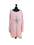 Italian Batwing Sequin Star High Low Cotton Lagenlook Top-Pink