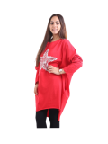Italian Batwing Sequin Star High Low Cotton Lagenlook Top-Red 2