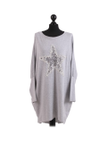 Italian Batwing Sequin Star High Low Cotton Lagenlook Top-Mist green-Silver