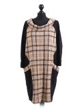 Italian Contrast Check Print Cowl Neck Lagenlook Top-beige
