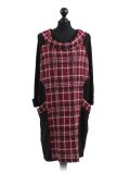 Italian Contrast Check Print Cowl Neck Lagenlook Top-maroon