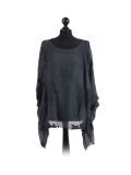 Italian Embroidered Silk Tunic Top-Charcoal
