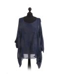 Italian Embroidered Silk Tunic Top-Navy
