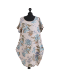 Italian Flora Print Side Pockets Cocoon Linen Lagenlook Dress-beige