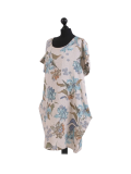 Italian Flora Print Side Pockets Cocoon Linen Lagenlook Dress-beige side
