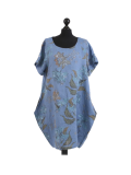 Italian Flora Print Side Pockets Cocoon Linen Lagenlook Dress-Denim