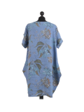 Italian Flora Print Side Pockets Cocoon Linen Lagenlook Dress-Denim back