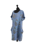 Italian Flora Print Side Pockets Cocoon Linen Lagenlook Dress-Denim side