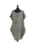 Italian Flora Print Side Pockets Cocoon Linen Lagenlook Dress-Khaki