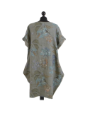 Italian Flora Print Side Pockets Cocoon Linen Lagenlook Dress-Khaki back