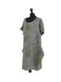 Italian Flora Print Side Pockets Cocoon Linen Lagenlook Dress-Khaki side