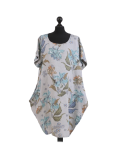 Italian Flora Print Side Pockets Cocoon Linen Lagenlook Dress-Silver