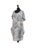 Italian Flora Print Side Pockets Cocoon Linen Lagenlook Dress-Silver side