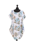 Italian Flora Print Side Pockets Cocoon Linen Lagenlook Dress-White
