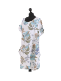 Italian Flora Print Side Pockets Cocoon Linen Lagenlook Dress-White side