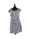 Italian Floral Print Cap Sleeves Lagenlook Linen Dress-Charcoal