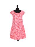 Italian Floral Print Cap Sleeves Lagenlook Linen Dress-Coral