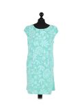Italian Floral Print Cap Sleeves Lagenlook Linen Top-Aqua