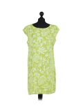 Italian Floral Print Cap Sleeves Lagenlook Linen Top-Lime green