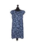 Italian Floral Print Cap Sleeves Lagenlook Linen Top-Navy