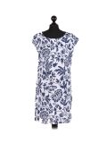 Italian Floral Print Cap Sleeves Lagenlook Linen Top-White