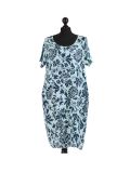 Italian Floral Print Lagenlook Linen Dress-Aqua